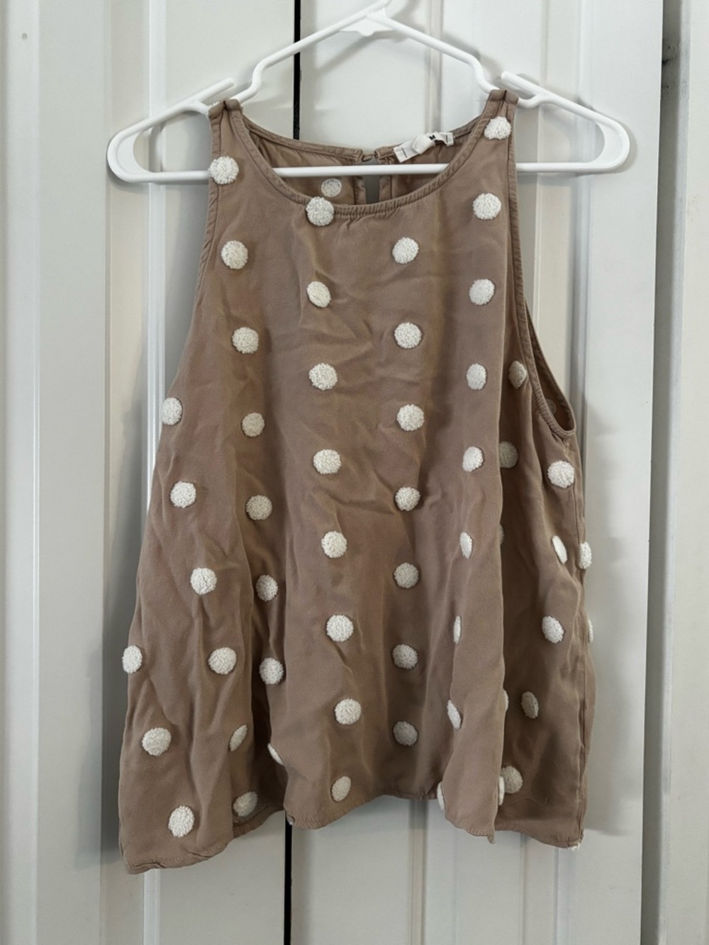 Sleeveless Taupe Tank Top with White Pom Dot Texture